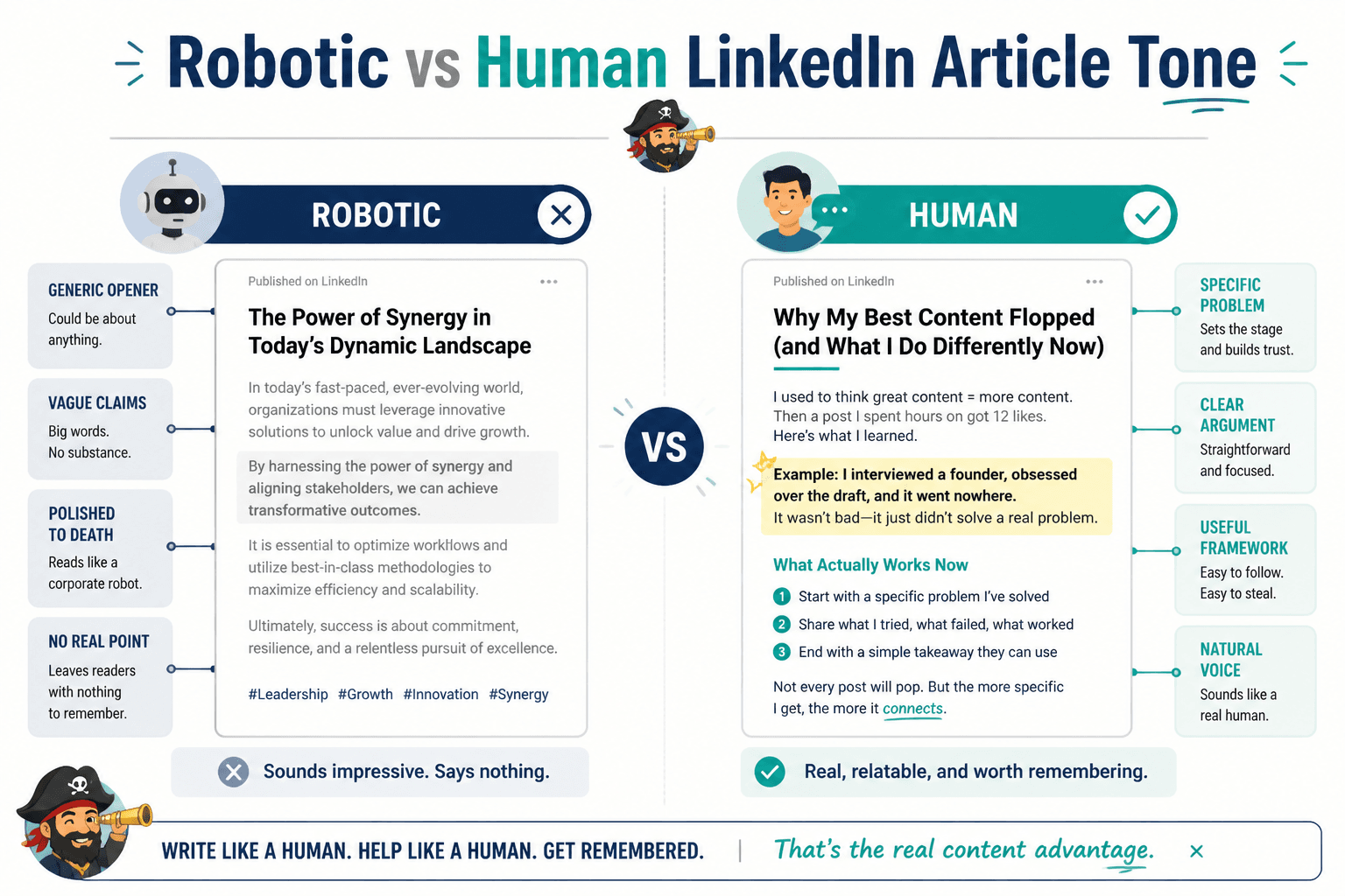 Side-by-side comparison of robotic and human LinkedIn article writing