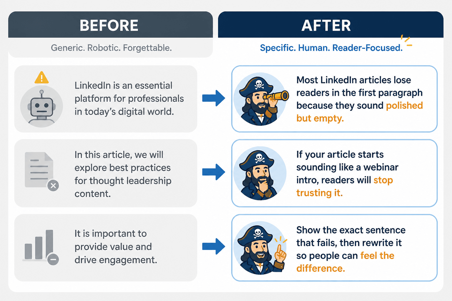 Before-and-after examples rewriting stiff LinkedIn article lines into human ones