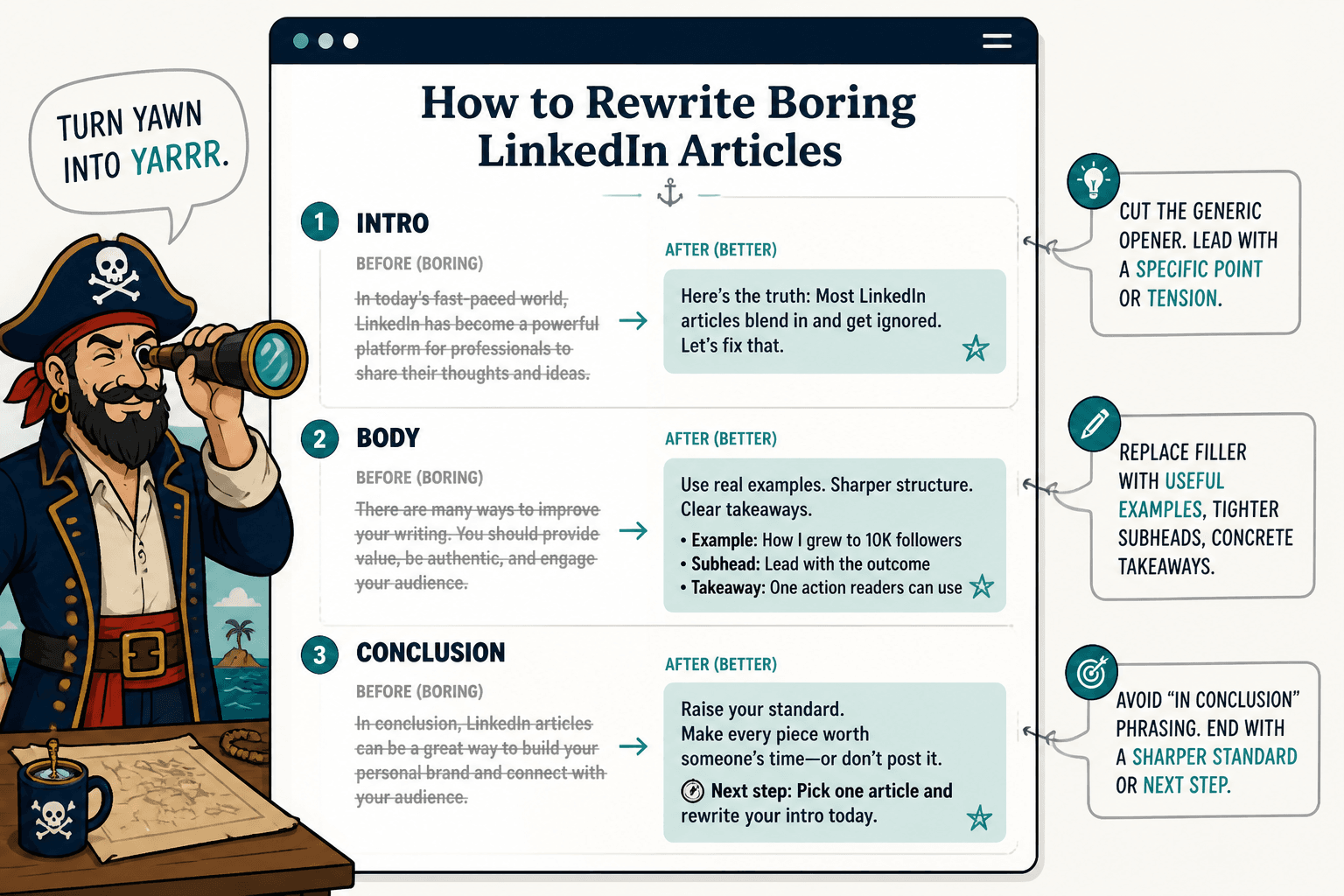Annotated article draft showing how to rewrite the intro, body, and conclusion