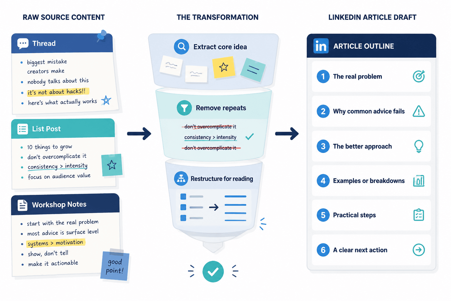 Workflow from old post formats to a structured LinkedIn article outline
