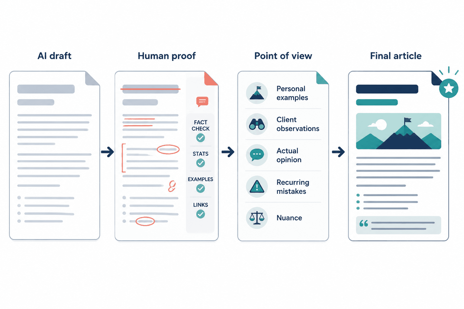 Diagram showing AI draft refined by human editing, examples, and point of view