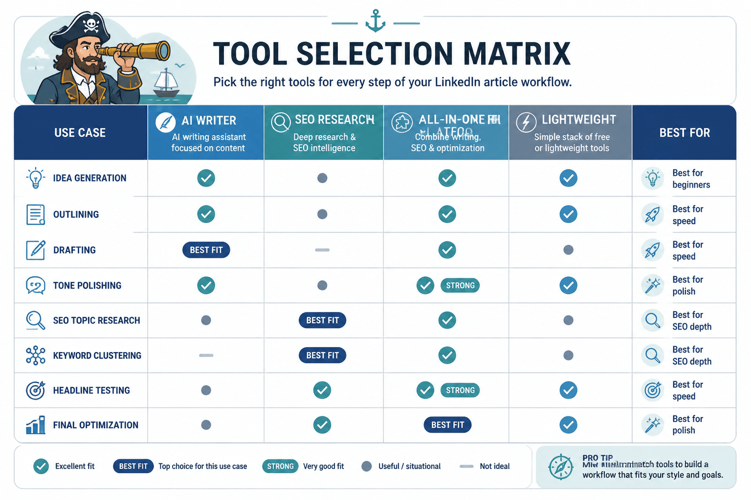 Comparison chart matching LinkedIn article tasks to AI writing and SEO research tools
