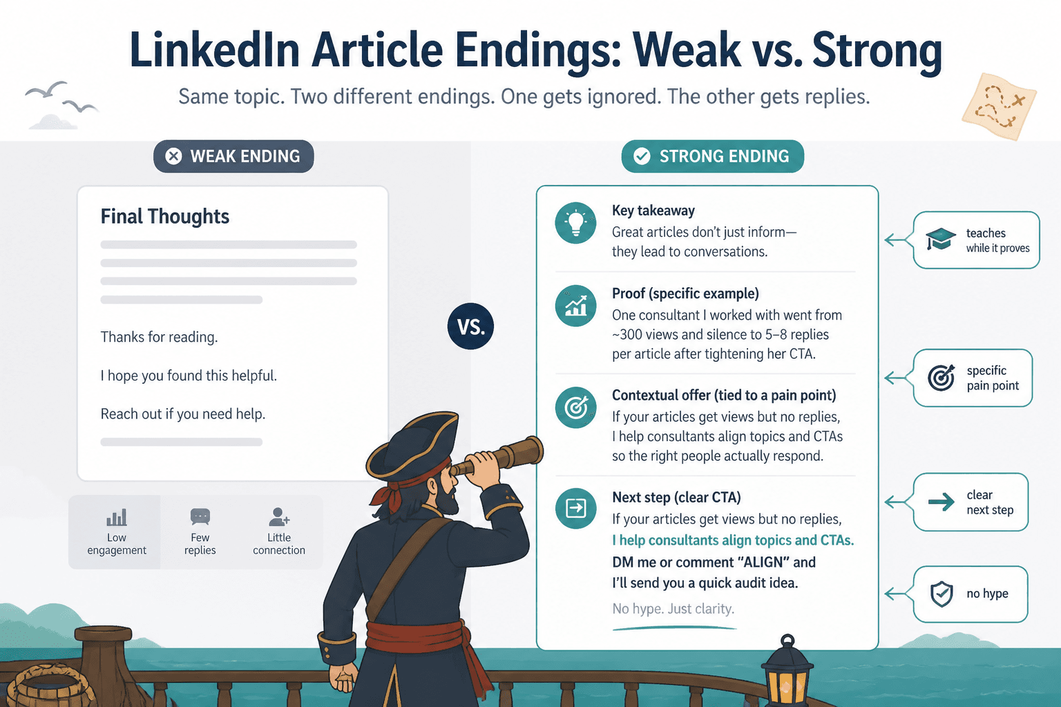 Before-and-after examples of a weak CTA ending and a stronger trust-building article ending