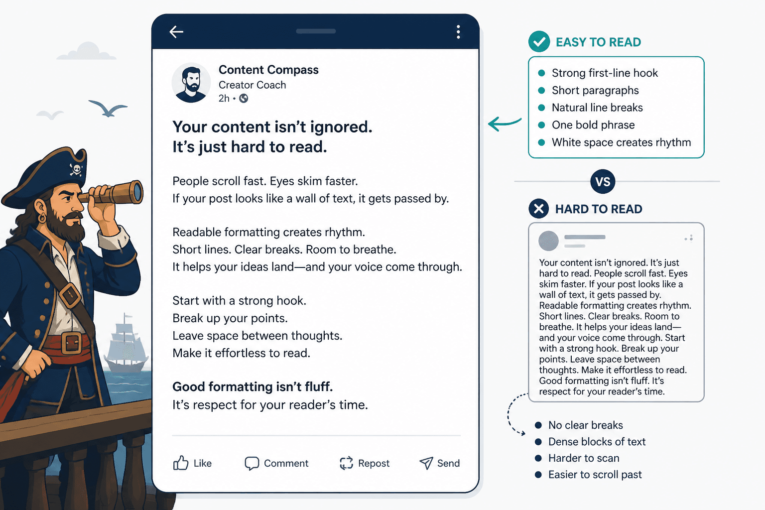 Mock LinkedIn post showing clear paragraph spacing and restrained emphasis
