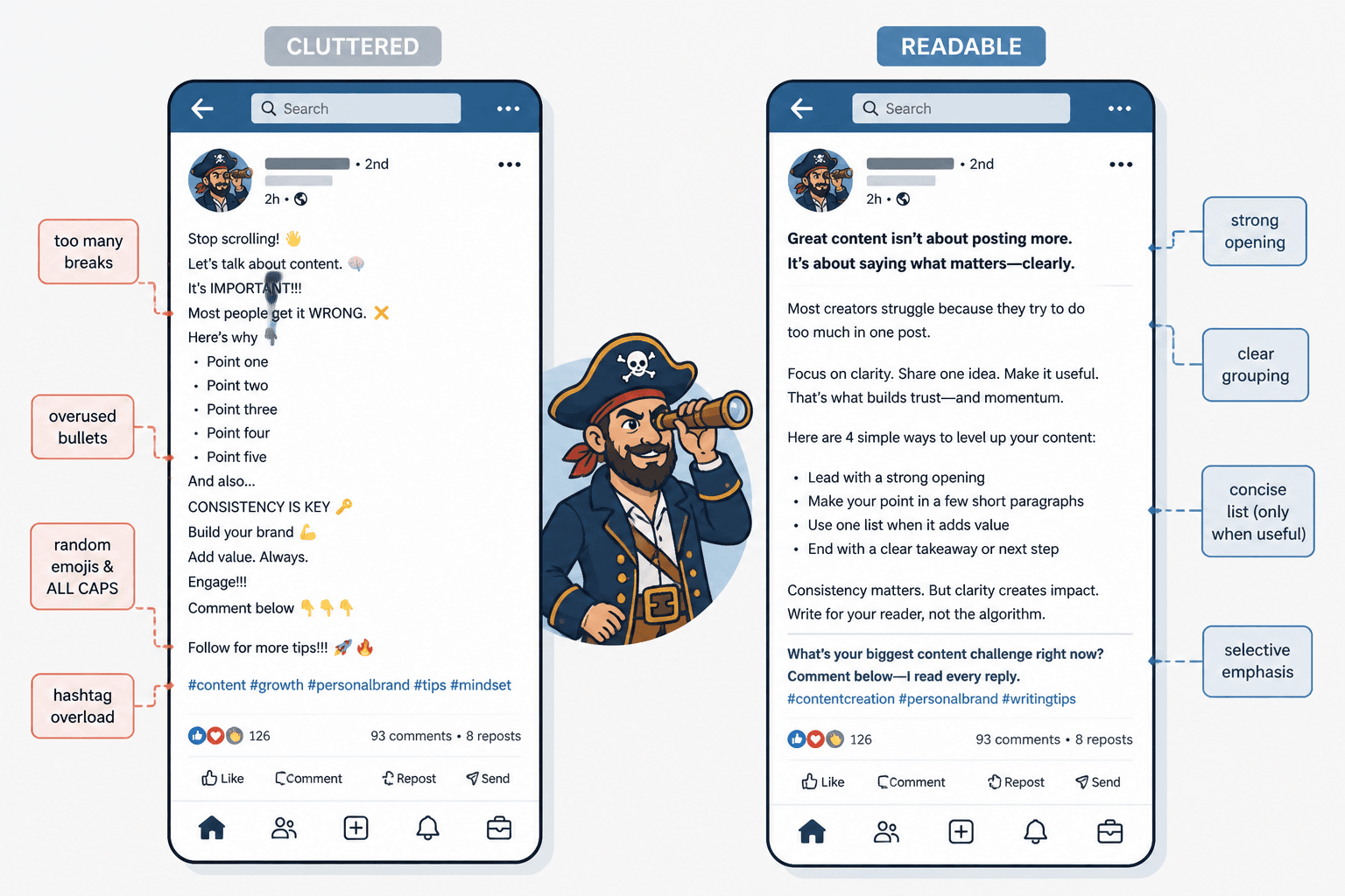 Side-by-side LinkedIn post mockup showing cluttered vs readable formatting