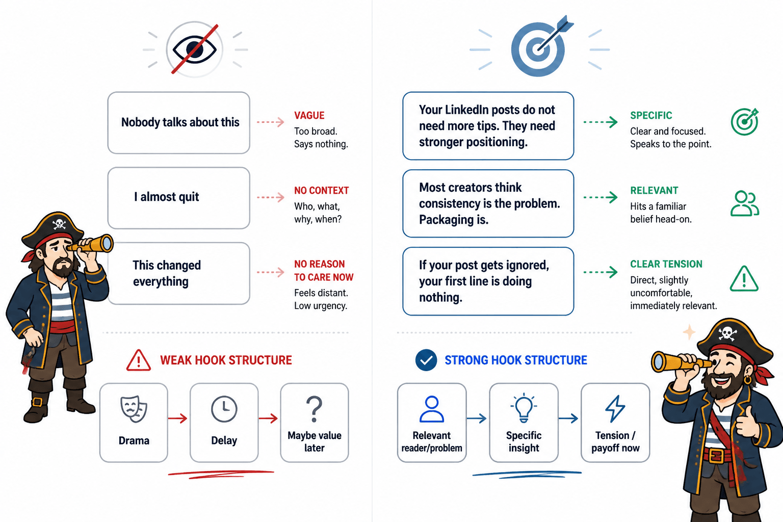 Diagram comparing weak teaser hooks with strong specific hooks