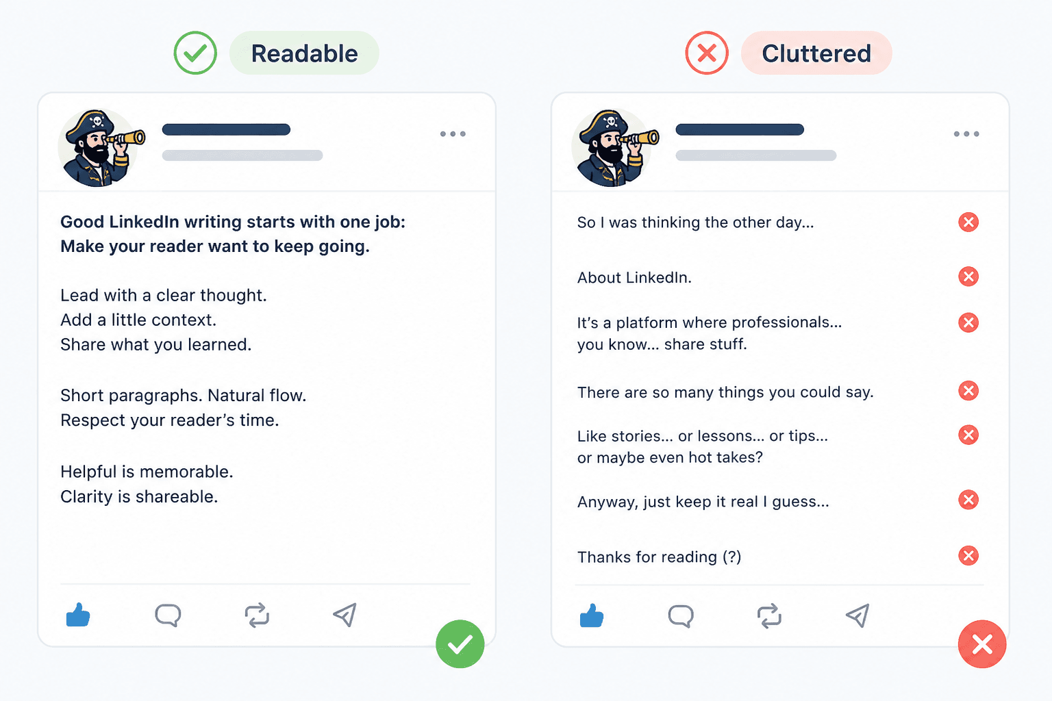 Side-by-side LinkedIn hook formatting example showing clear first line versus cluttered spacing