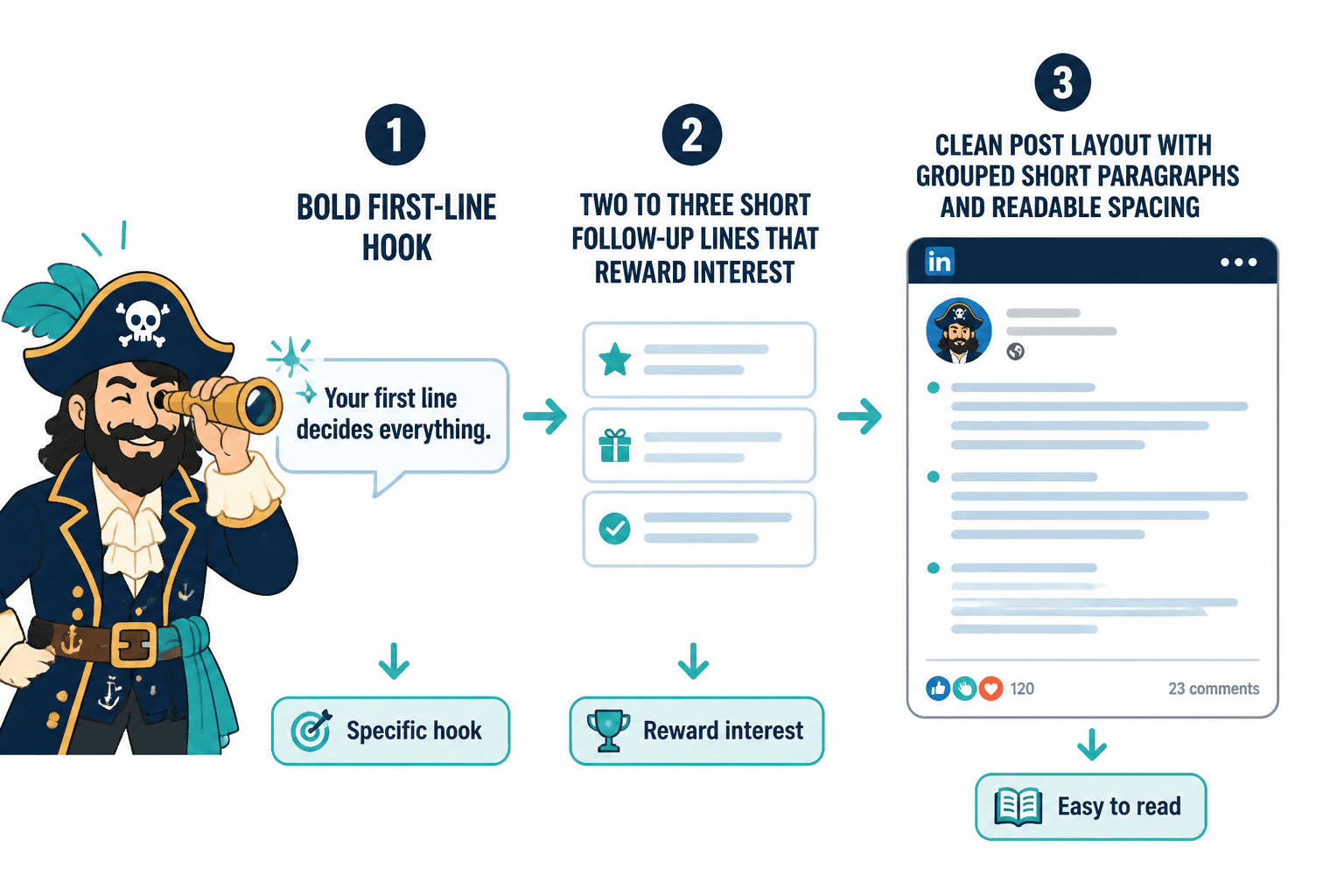 Flow from a strong LinkedIn hook into a clean, easy-to-scan post structure