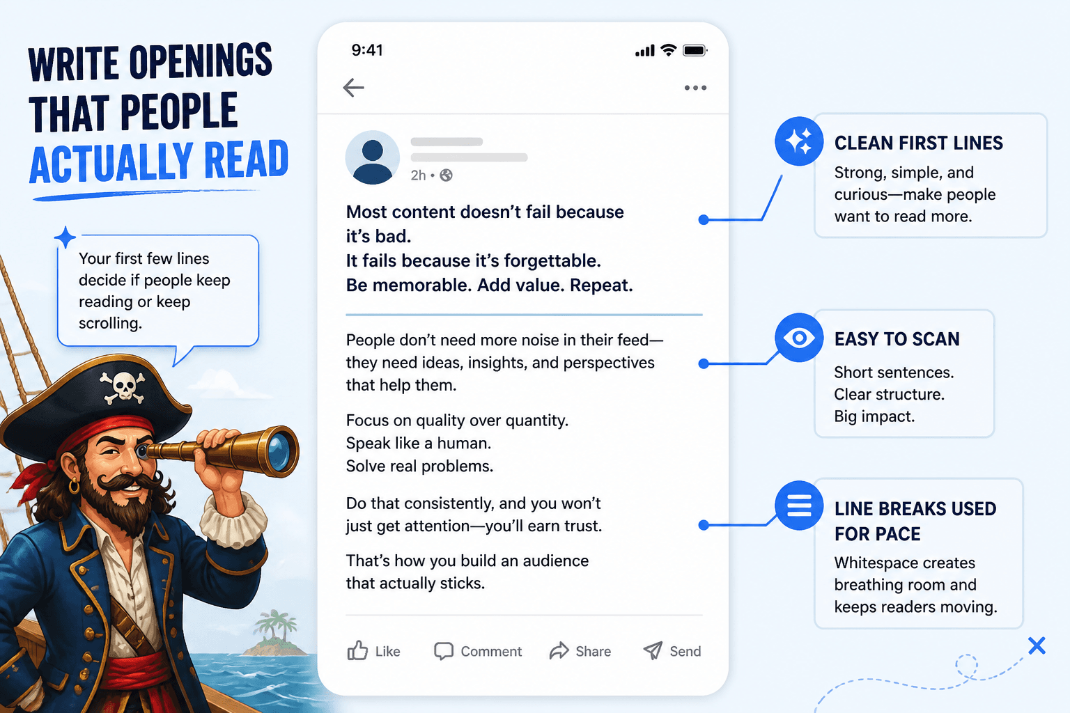 Mock LinkedIn post showing clean first-line spacing