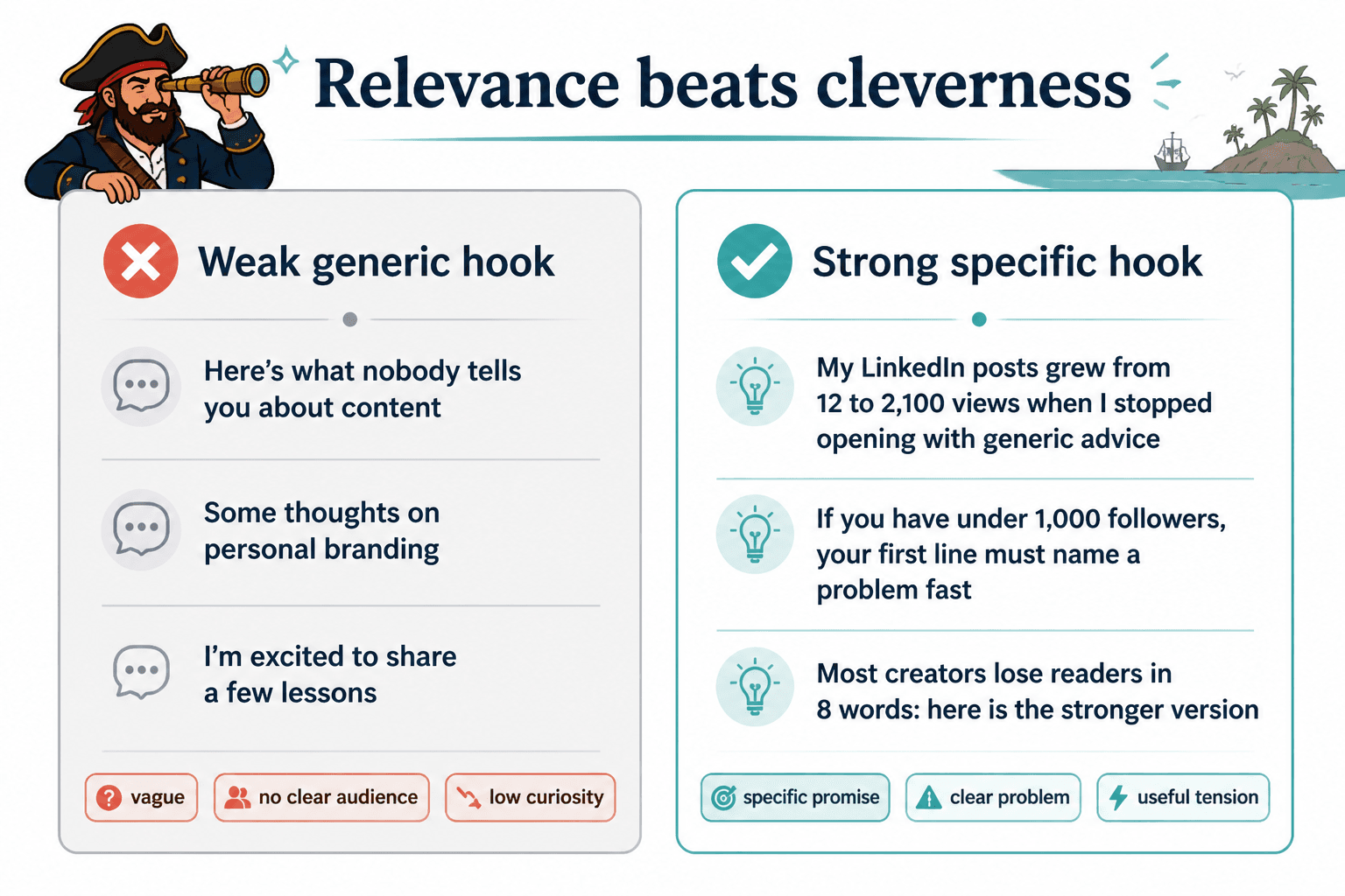 Side-by-side examples of vague and strong LinkedIn opening lines