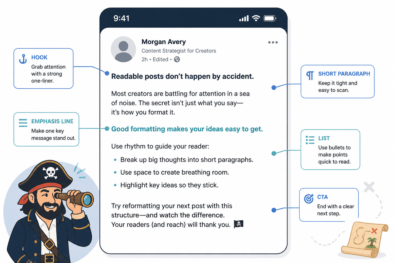 Mock LinkedIn post showing clear paragraph spacing and pacing