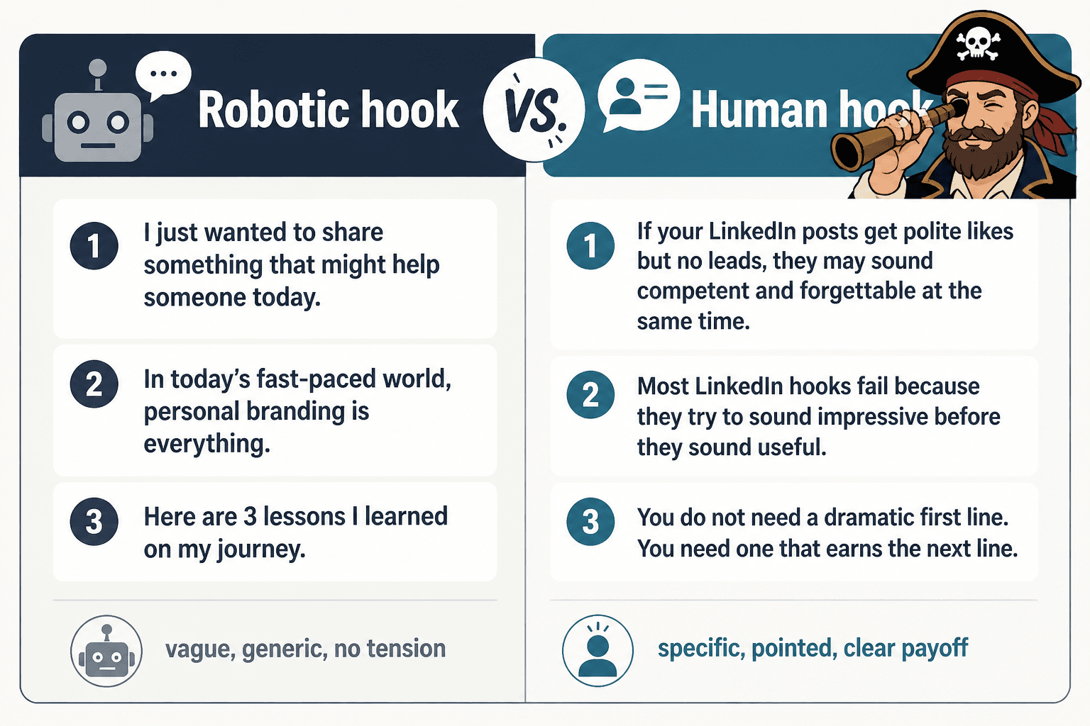 Side-by-side examples of robotic and human LinkedIn opening lines