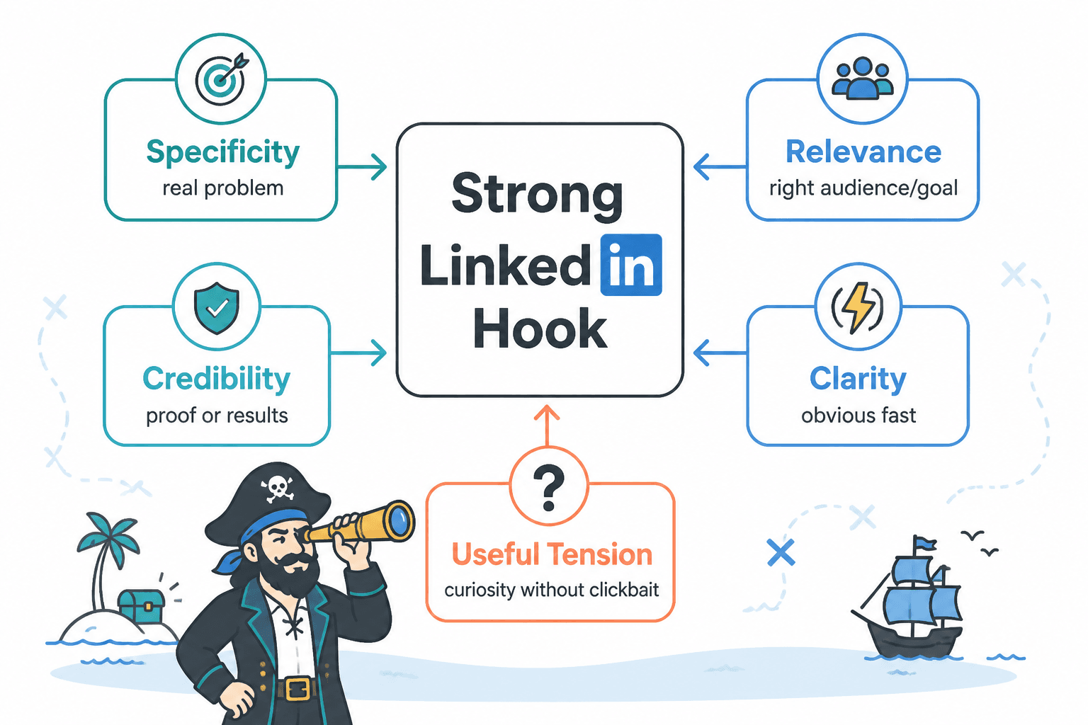 Diagram showing five elements of a strong LinkedIn hook