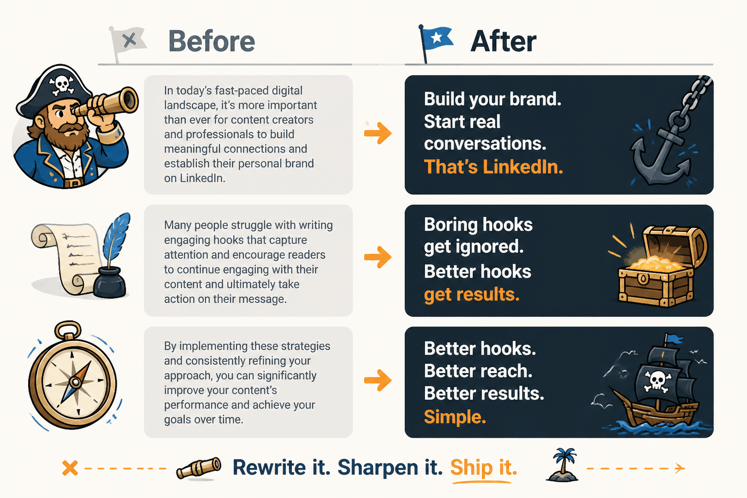 Before-and-after examples of weak LinkedIn openings rewritten into sharper hooks
