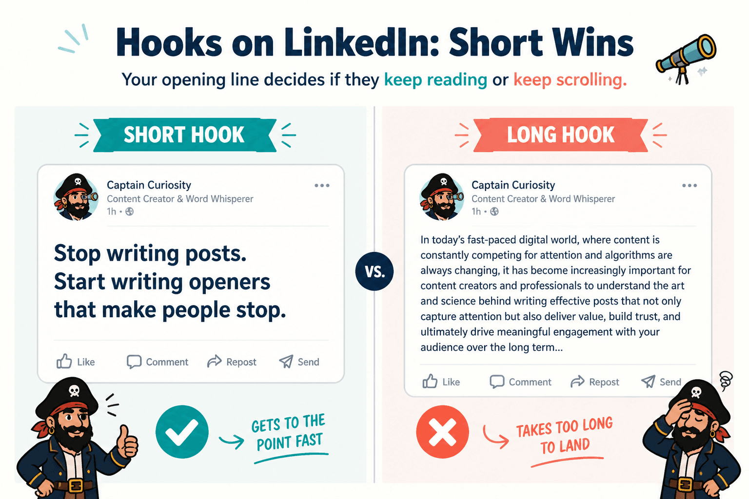 Side-by-side comparison of a short LinkedIn hook and a long, bloated opening