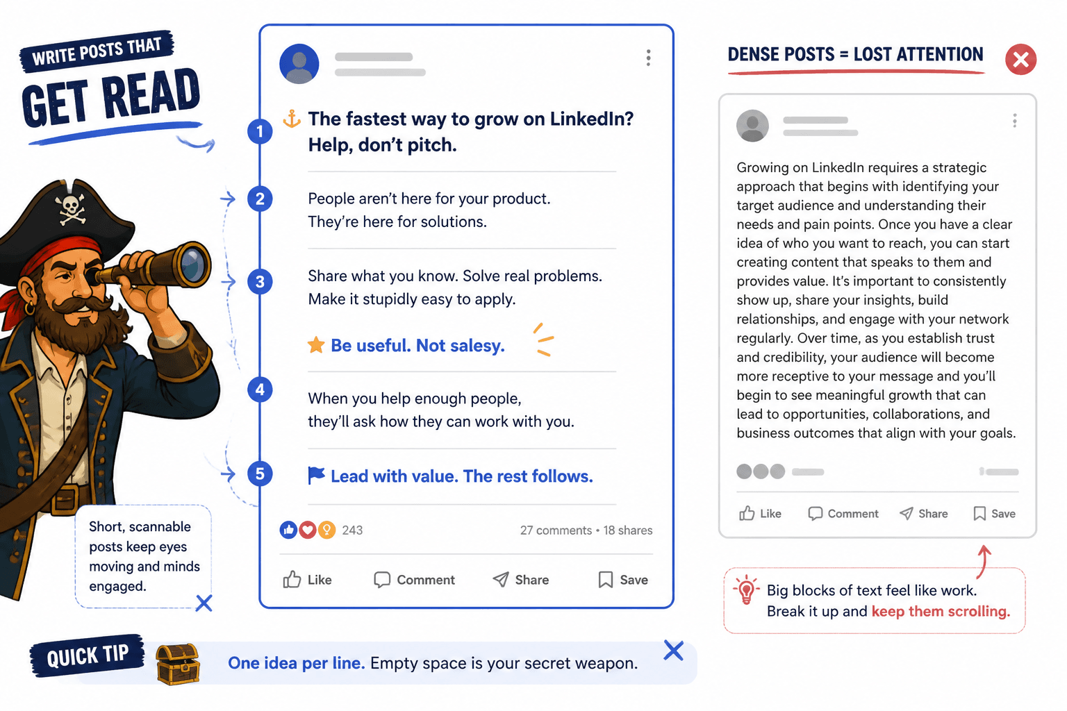 Mock LinkedIn post showing short paragraphs and emphasis lines that create reading rhythm.