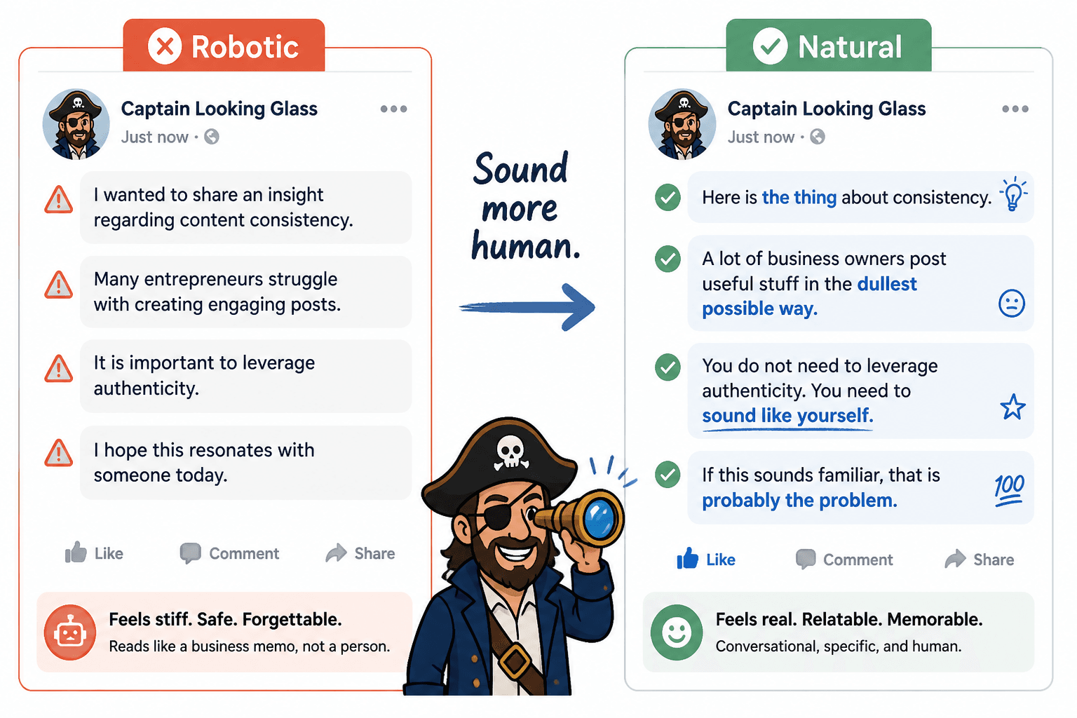 Side-by-side Facebook post example showing robotic copy rewritten in a natural tone.