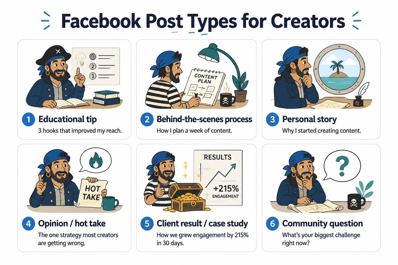 Grid of Facebook post types creators can publish