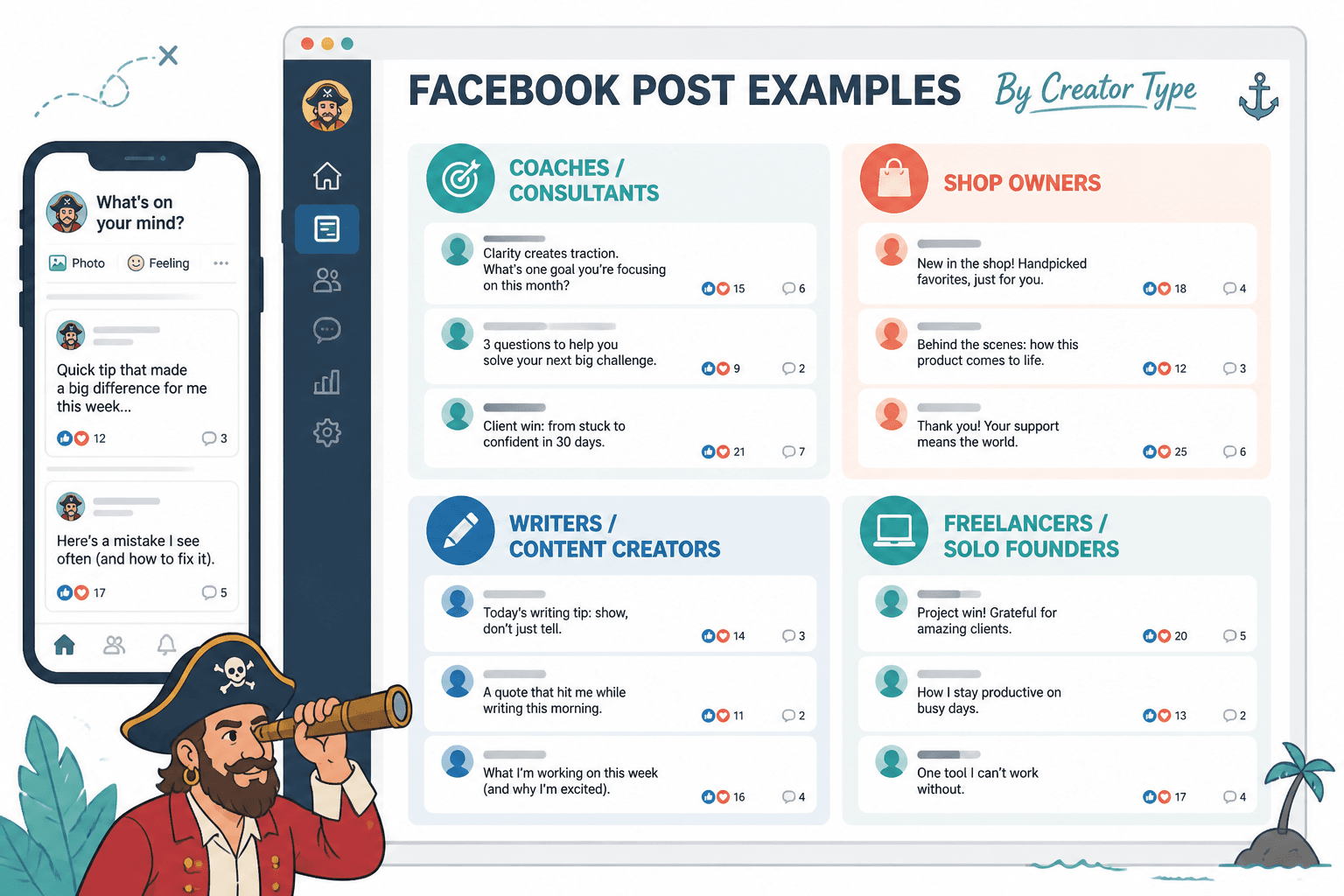 Mock layout of short Facebook post examples grouped by creator type