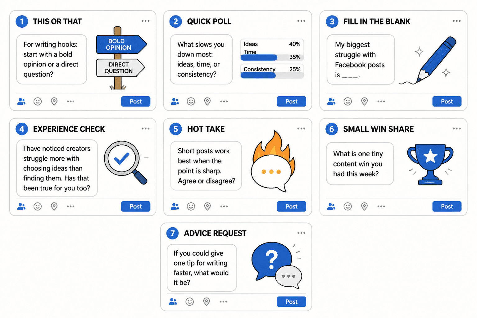 Seven Facebook community question post templates with short example lines