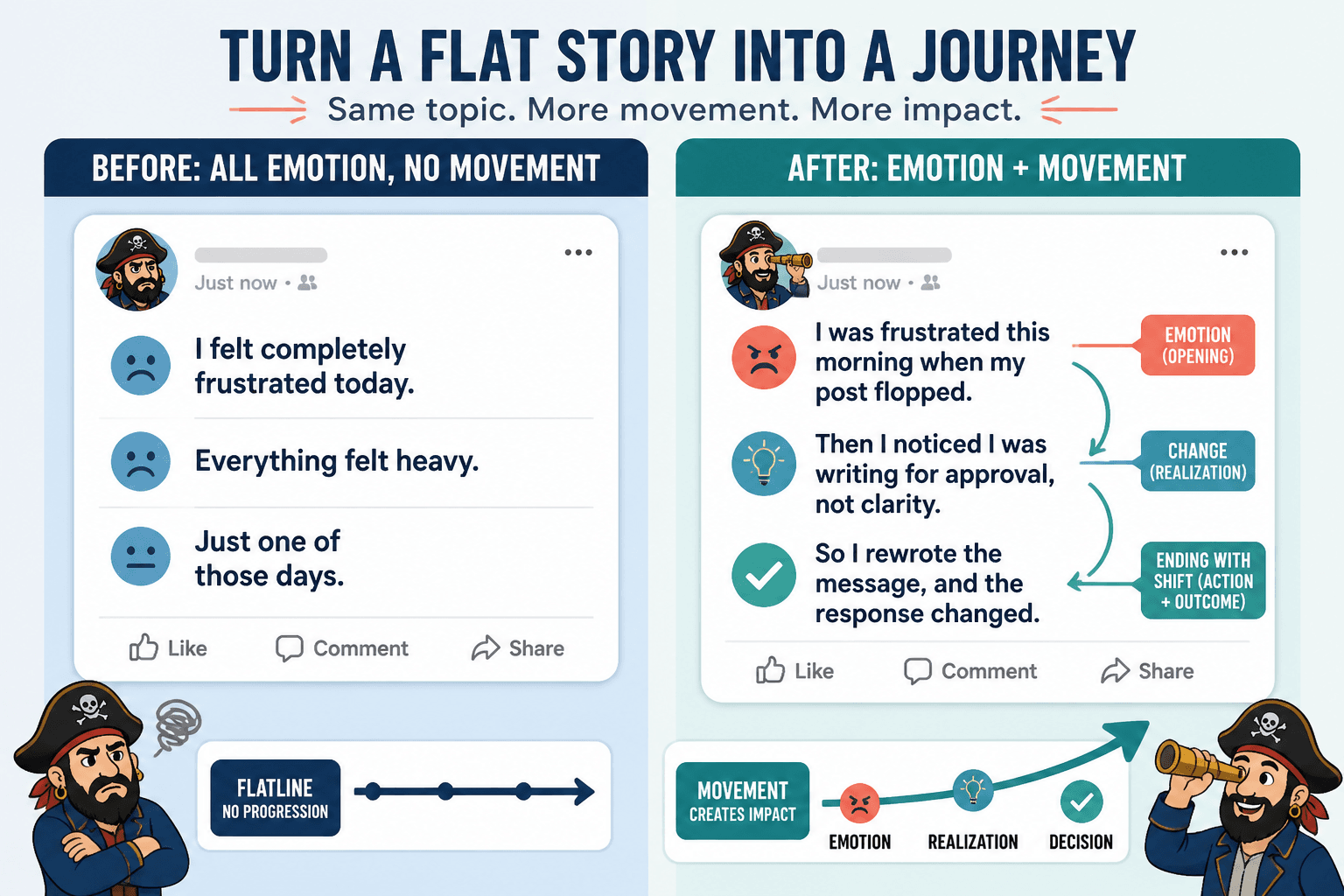 Side-by-side example of a flat Facebook story opening with a revised version that shows change and a stronger ending.