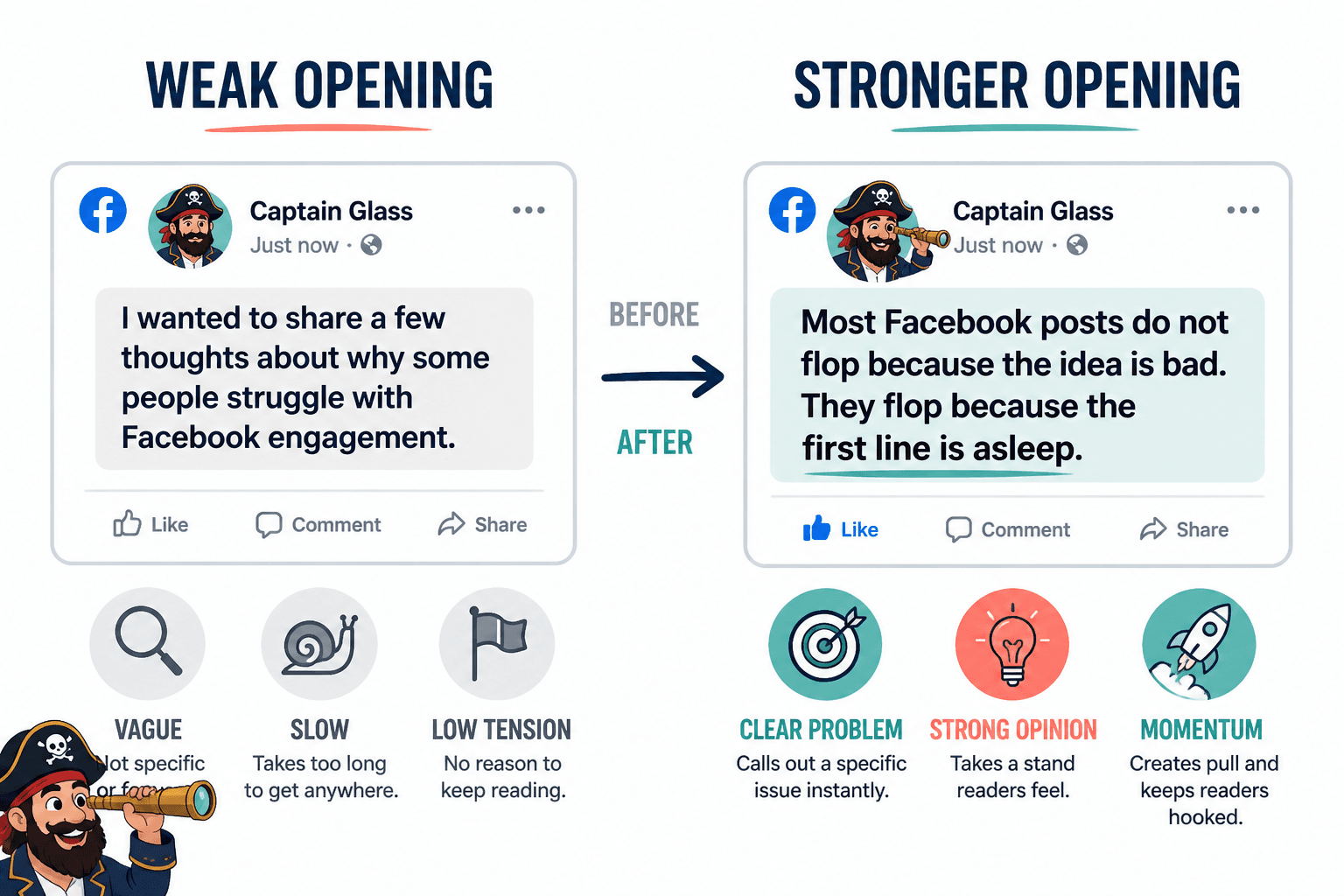 Weak vs strong Facebook post openings side by side