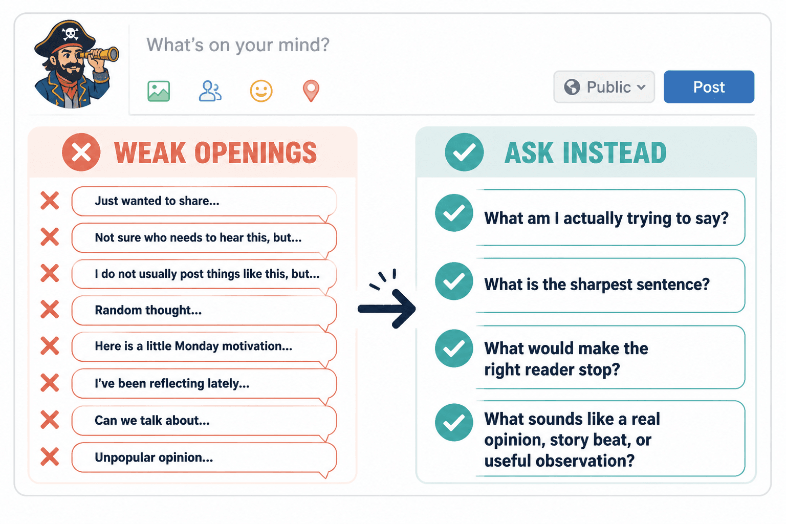 Checklist showing weak Facebook opening lines to avoid and what to ask instead
