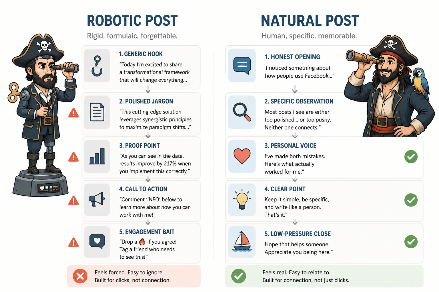 Side-by-side comparison of a robotic Facebook post and a natural human-sounding post