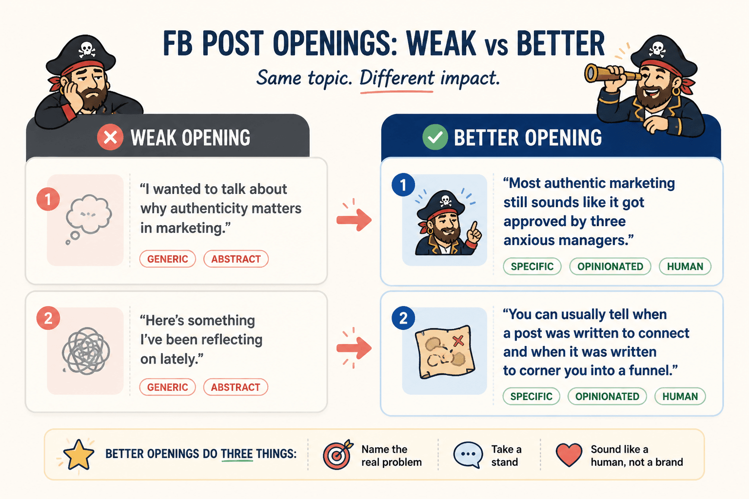 Before-and-after examples of weak and stronger Facebook post openings