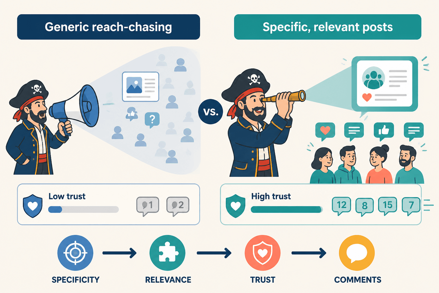 Diagram comparing generic posts with specific posts and the trust and comments they generate
