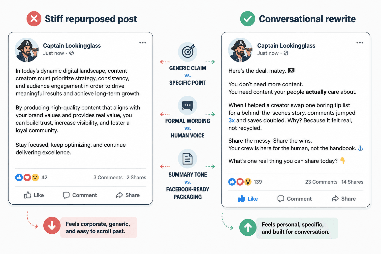 Side-by-side example of a stiff Facebook post rewritten in a more conversational tone