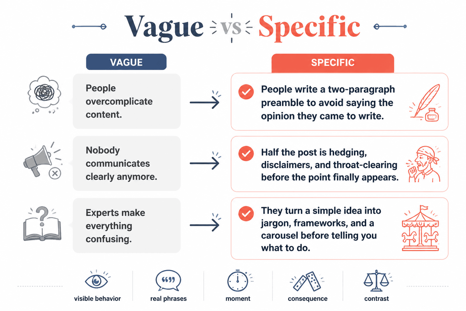 Before-and-after examples showing vague rant lines rewritten as specific, concrete lines