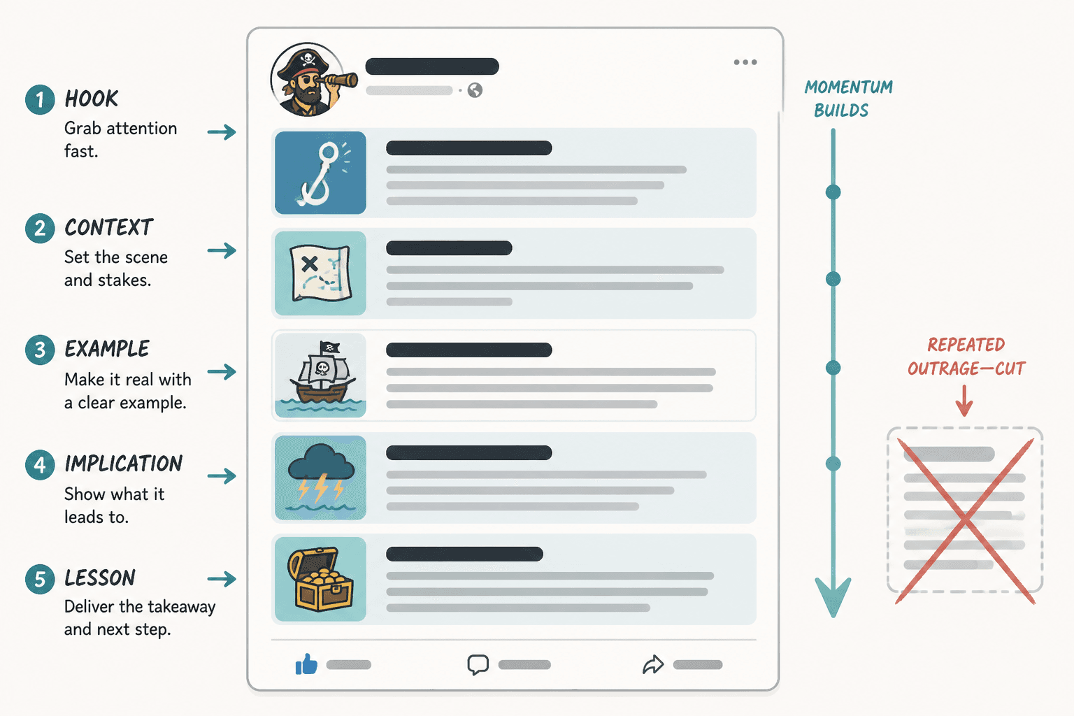Annotated mock Facebook post showing paragraph pacing from hook to lesson