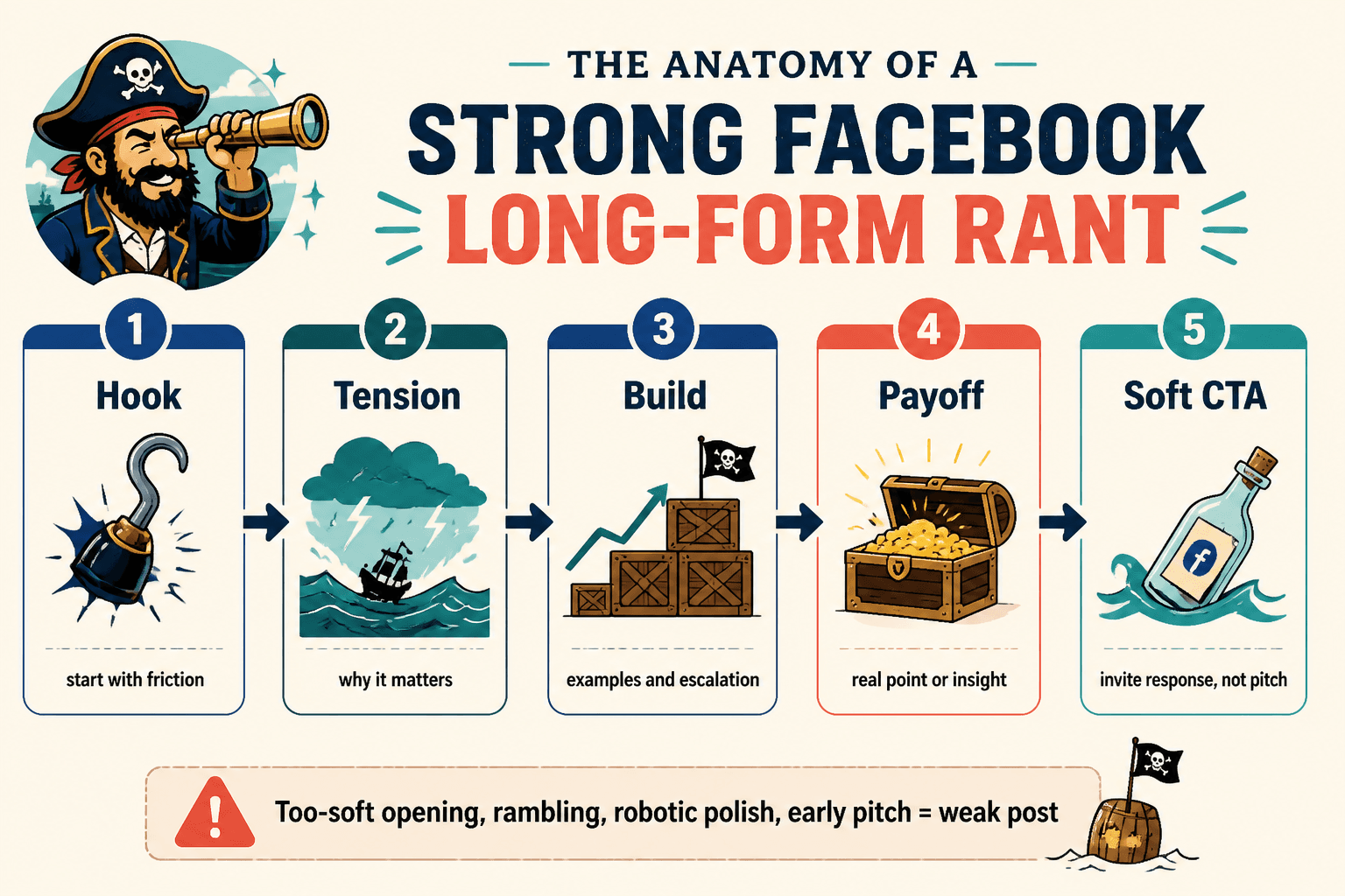 Flow of a Facebook rant: hook, tension, build, payoff, soft CTA
