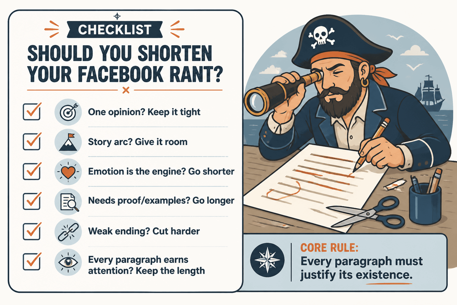 Checklist for deciding what to cut from a Facebook rant