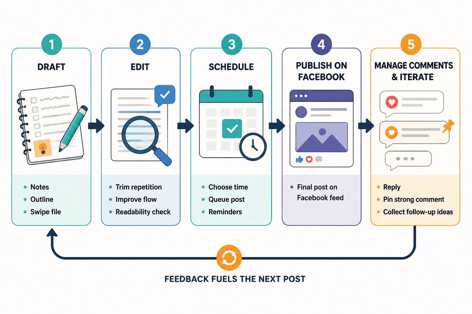 Workflow diagram showing draft, edit, schedule, publish, and comment management for Facebook long-form posts.