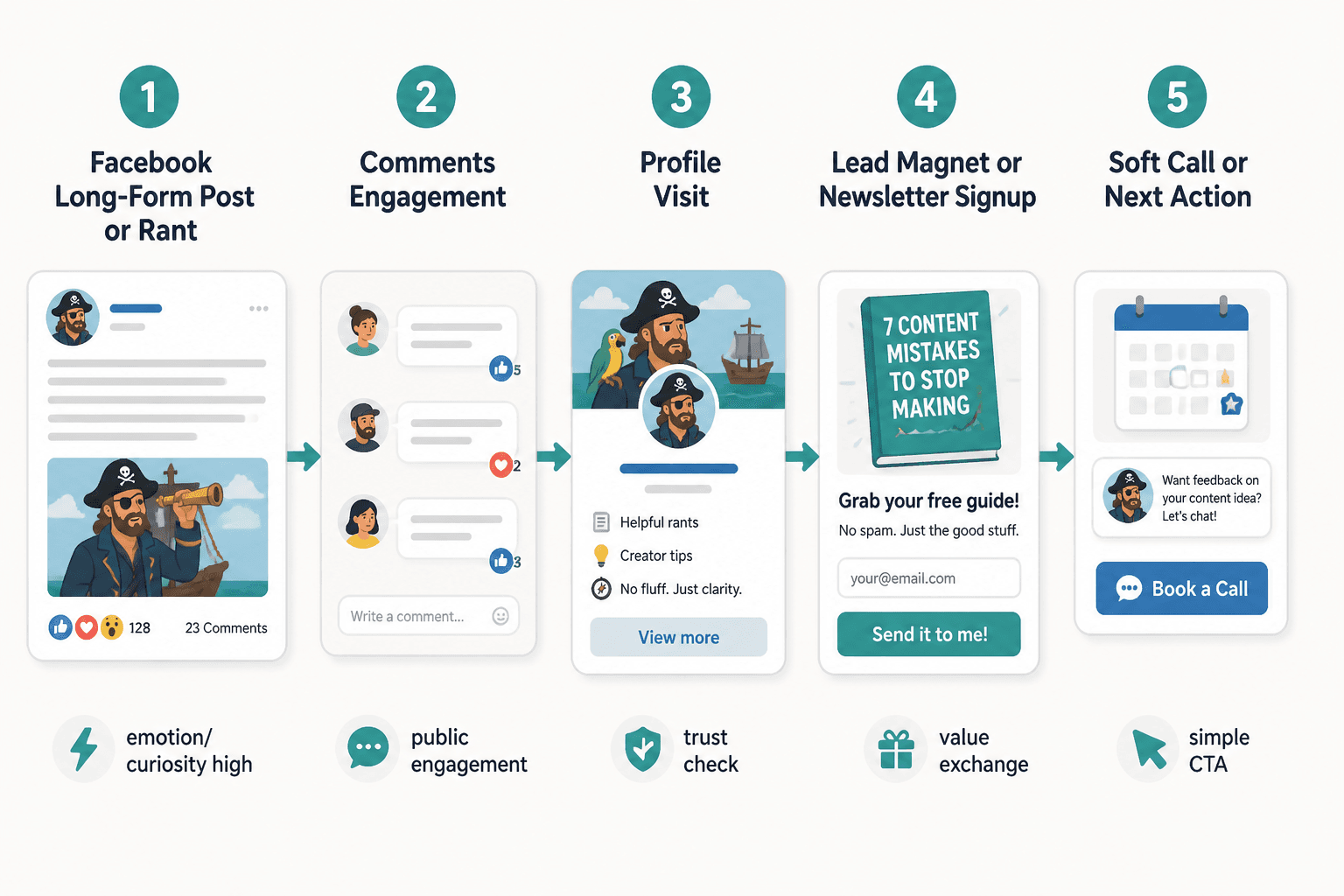 Flow from Facebook long-form post to comments, profile visit, lead magnet, and call