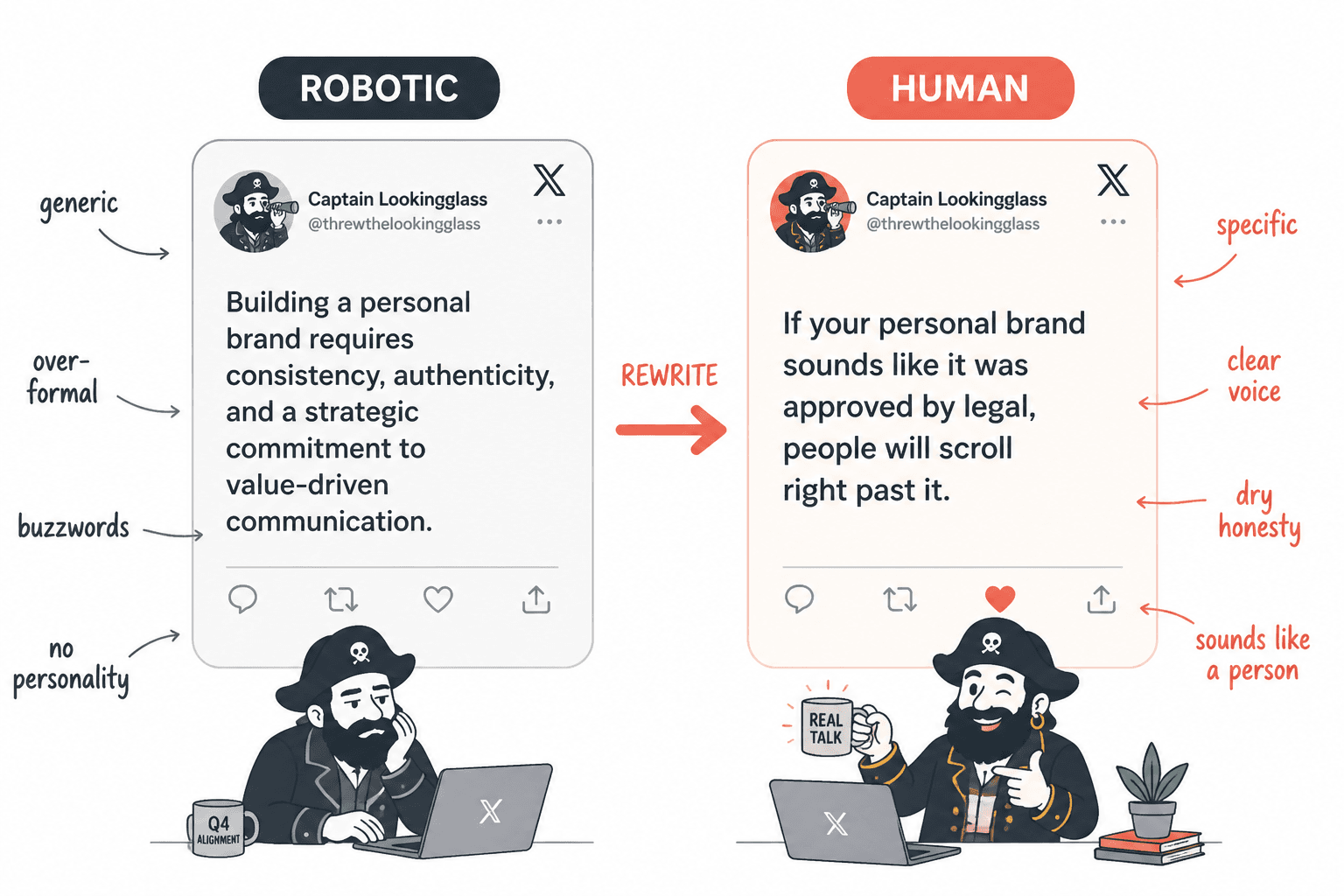 Side-by-side example of a robotic X post rewritten in a more human voice