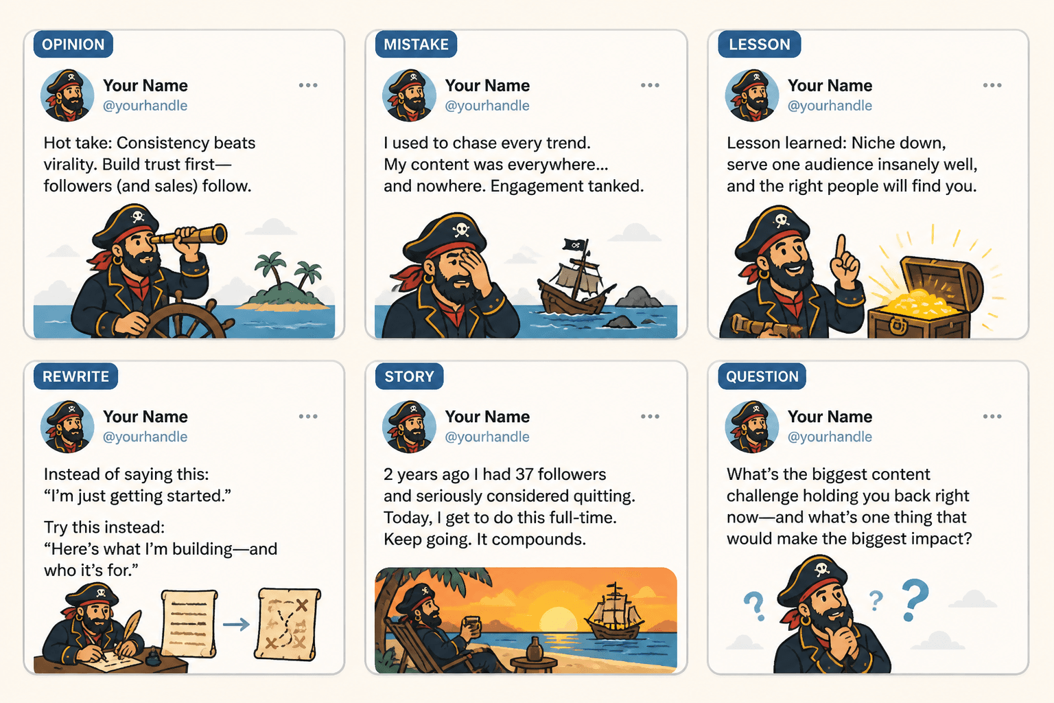 Grid of sample X posts in matching card layouts for different post types