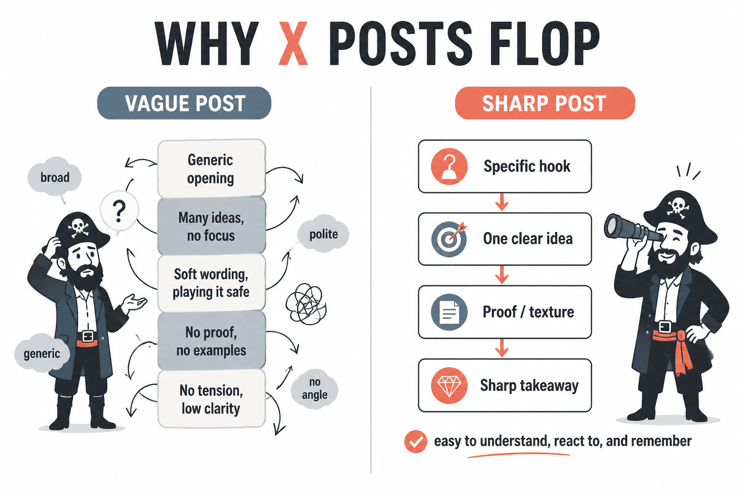 Diagram comparing a vague X post with a sharp, focused X post