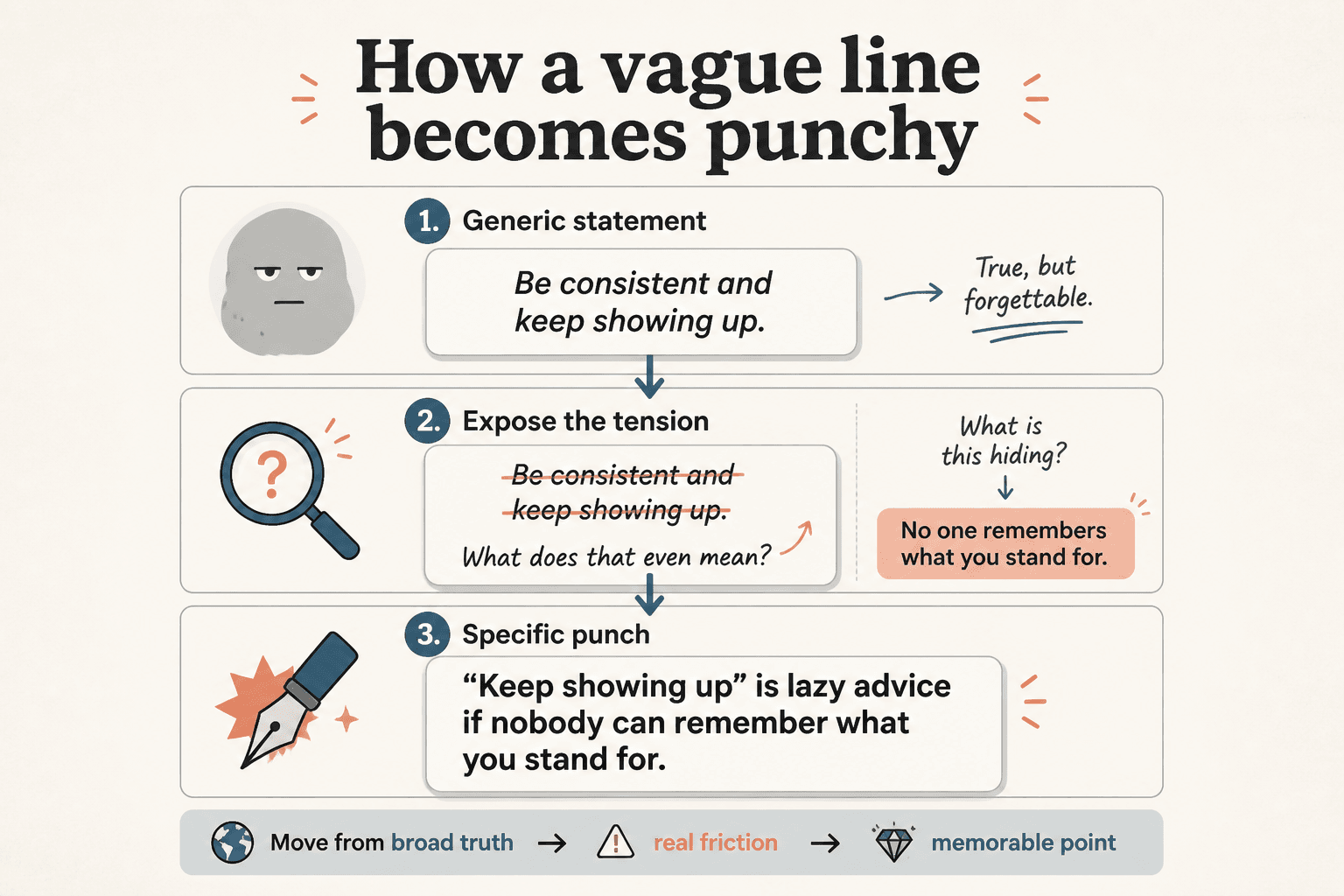 Three-step rewrite from vague advice to a sharper, specific punchy line.
