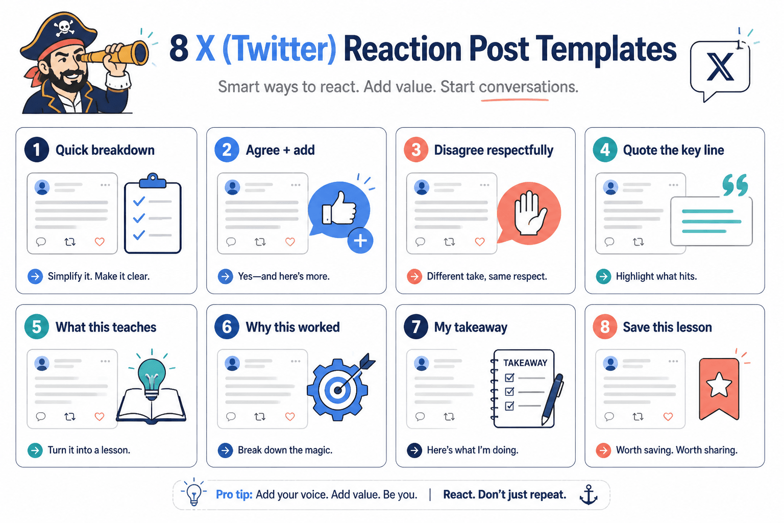 Grid of 8 X reaction post template categories