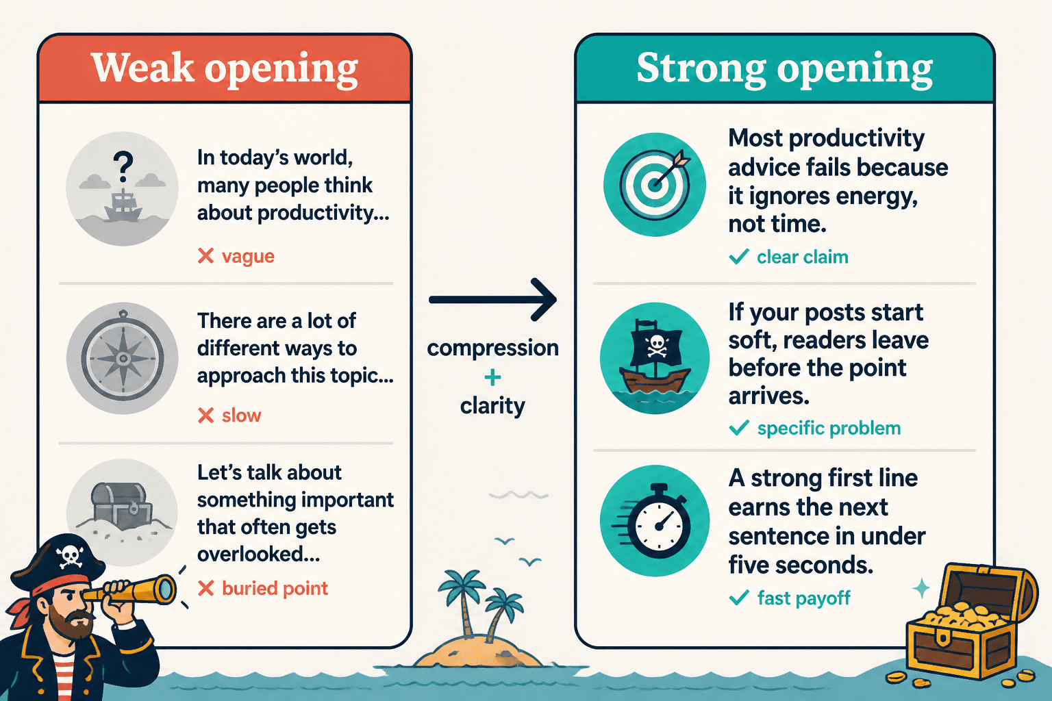 Side-by-side examples of weak and strong opening lines