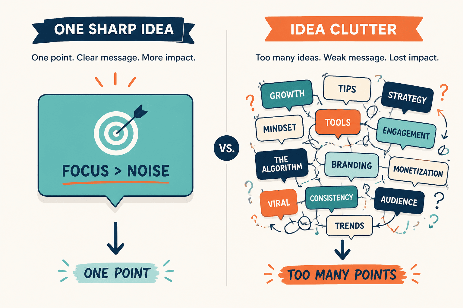 Diagram comparing one clear post idea with a cluttered multi-point post