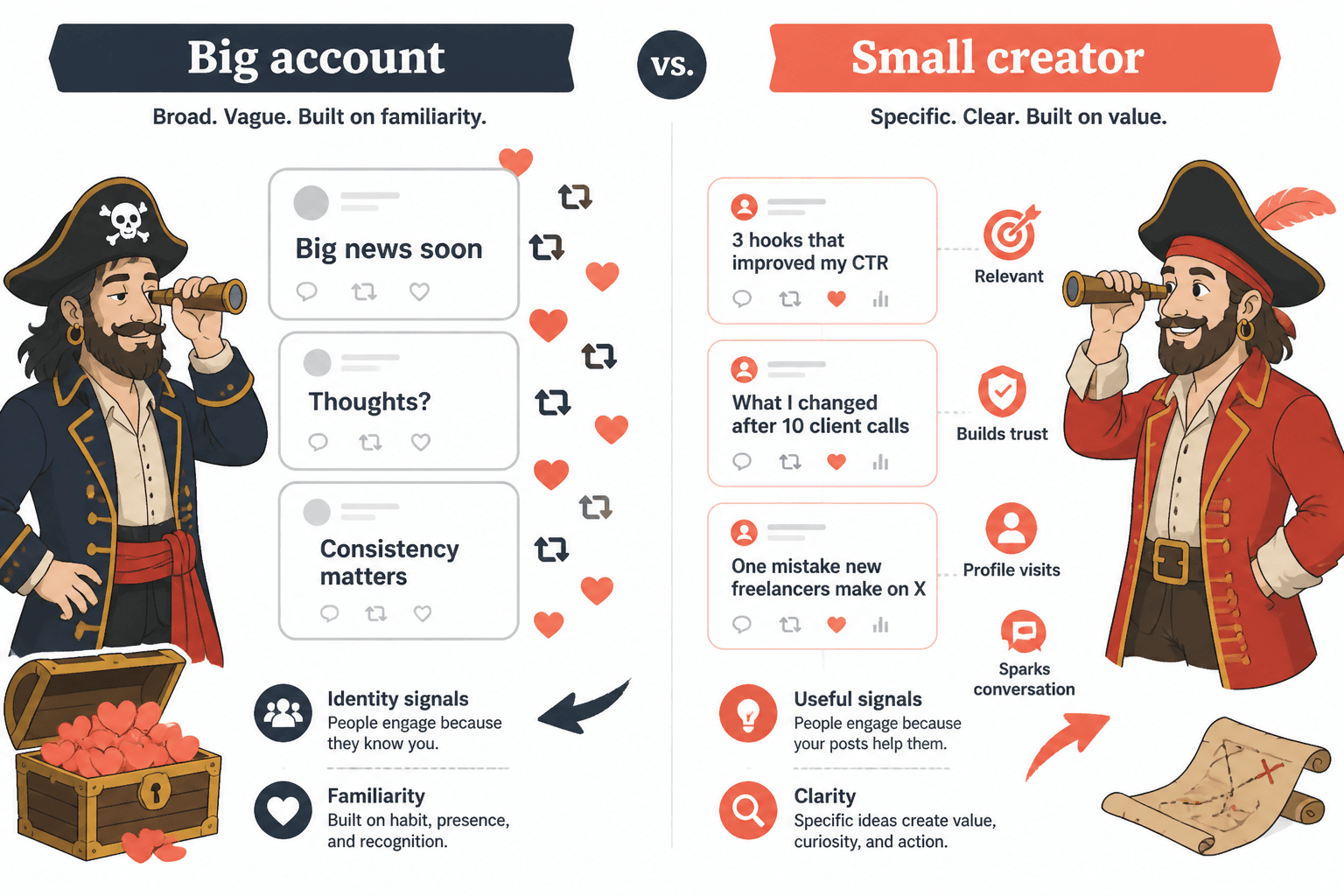 Side-by-side comparison of vague big-account posts versus specific small-creator posts