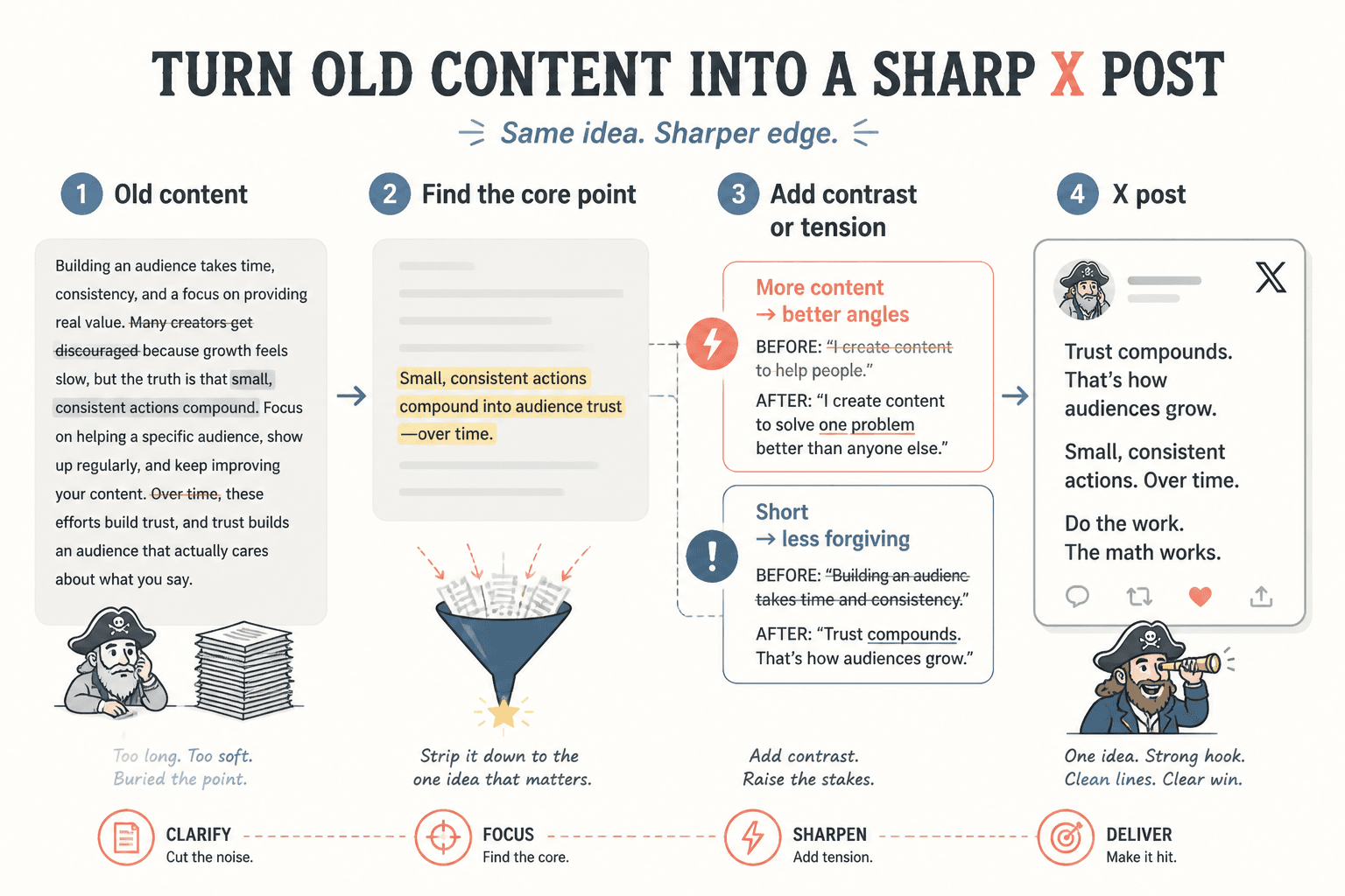 Before-and-after flow showing how a long blog point becomes a sharper X post