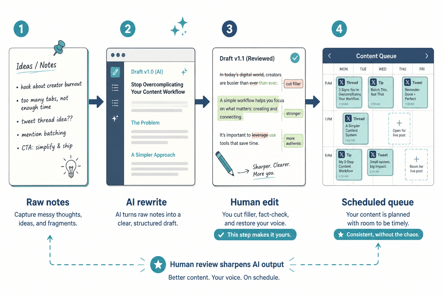 Workflow from raw notes to AI draft, human edits, and scheduled X posts