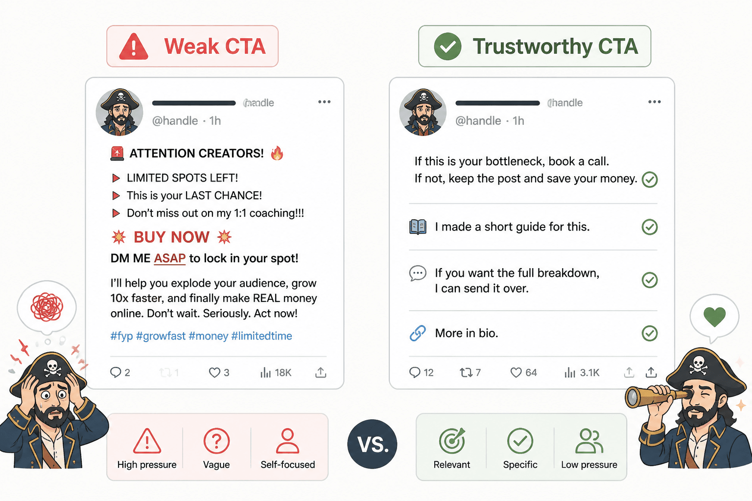 Side-by-side examples of pushy versus calm CTA wording in X posts