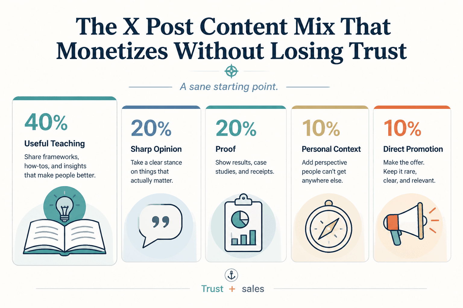 Pie chart showing a balanced X content mix: teaching 40%, opinion 20%, proof 20%, personal context 10%, promotion 10%.