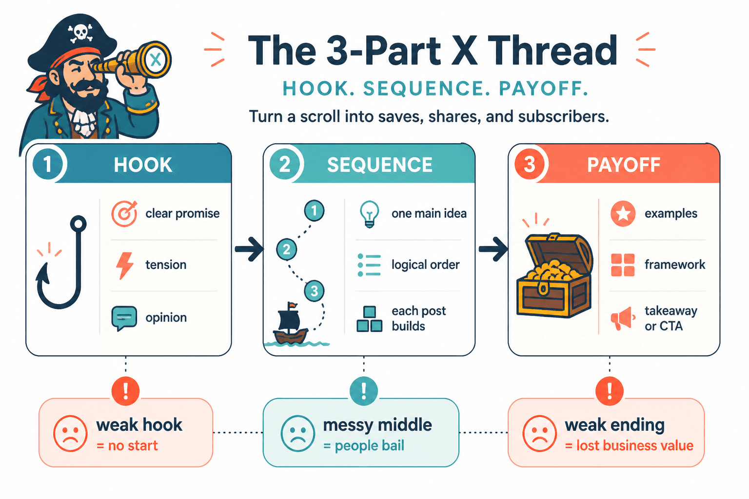 Flow diagram showing Hook, Sequence, and Payoff in an X thread